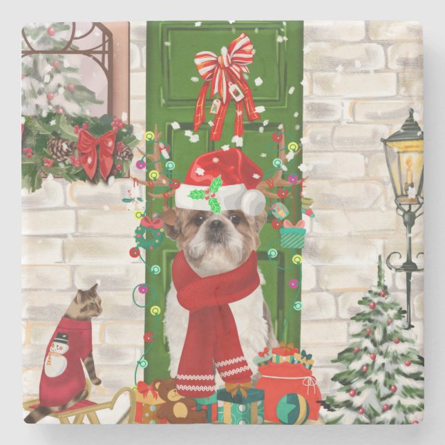 Shih Tzu Dog Christmas Steinuntersetzer (Vorderseite)