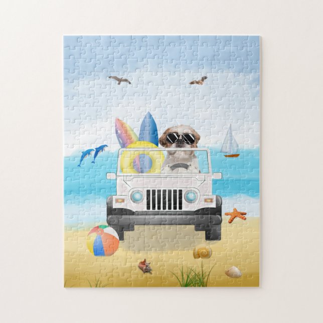 shih tzu Dog Driving on Beach Puzzle (Vertikal)