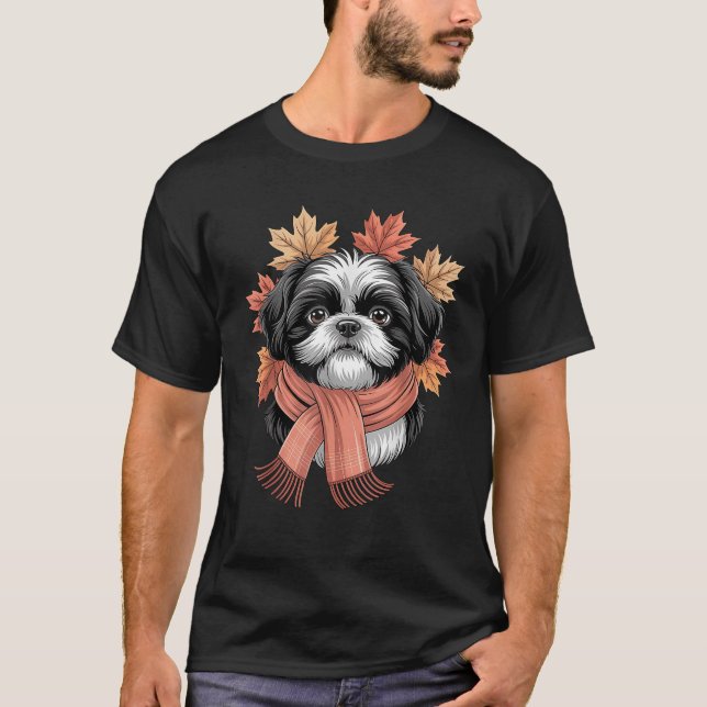 Shih Tzu Dog Fall Scarf Hunde Herbstleaves Thanksg T-Shirt (Vorderseite)