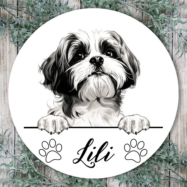 Shih Tzu Dog Hand Zeichne Personalisiert Runder Aufkleber (Von Creator hochgeladen)