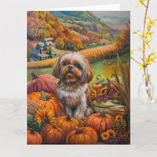 Shih Tzu Dog Herbsternte Erntedank Karte (Gelbe Blume)