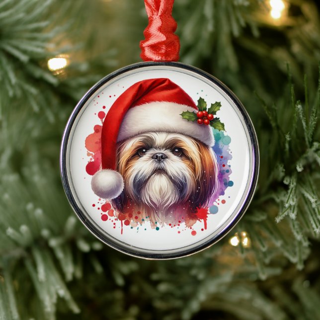 Shih Tzu Dog in der Weihnachtsmannmütze Weihnachte Ornament Aus Metall (Baum)