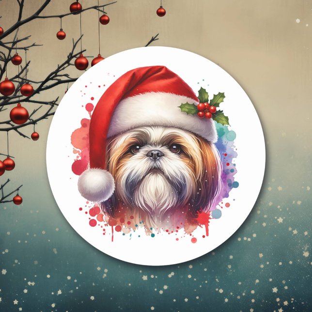 Shih Tzu Dog in der Weihnachtsmannmütze Weihnachte Runder Aufkleber (Von Creator hochgeladen)
