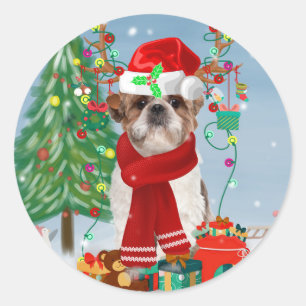 Shih Tzu Dog in Schnee Weihnachten Runder Aufkleber