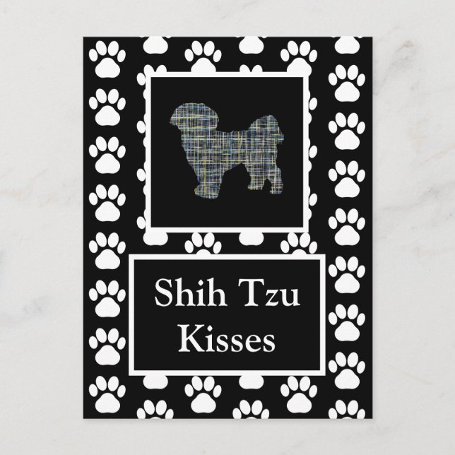 Shih Tzu Dog Kisses Silhouette Yellow & Blue Grid Postkarte (Vorderseite)