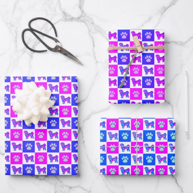 Shih Tzu Dog & Paw Crazy Hot Pink & Blue Geschenkpapier Set (Vorderseite)