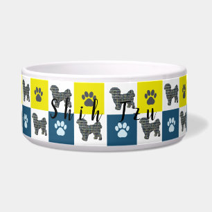 Shih Tzu Dog & Paw Print Yellow Grid Pet Bowl Napf