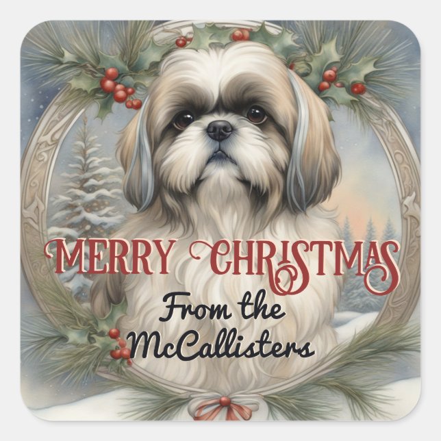 Shih Tzu Dog Personalisierter Weihnachtskartenstic Quadratischer Aufkleber (Vorderseite)