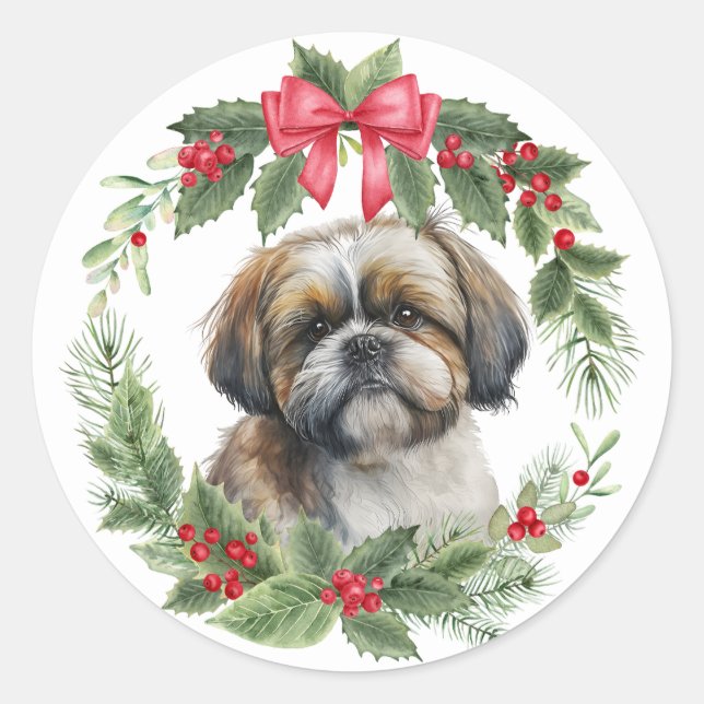 Shih Tzu Dog Red Bow Holly Wreath Runder Aufkleber (Vorderseite)