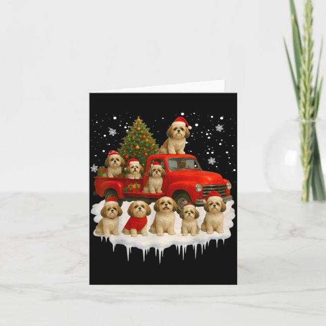 Shih Tzu Dog Red Truck Christmas Tree Santa Ugly X Karte (Vorderseite)