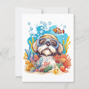 Shih Tzu Dog Schnorkeling Korallenriff Postkarte