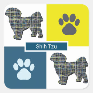 Shih Tzu Dog Silhouette & Paw Print Y&B Grid Quadratischer Aufkleber