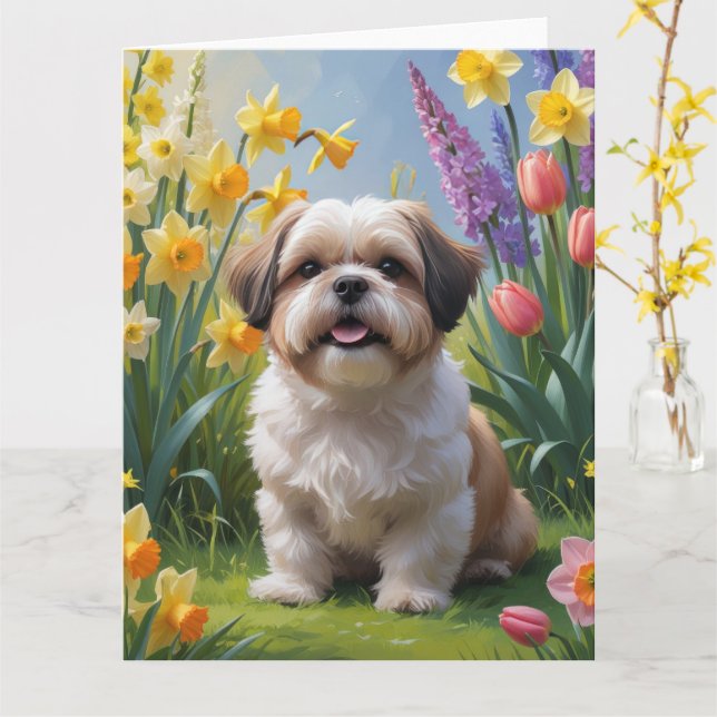 Shih Tzu Dog Spring Flowers Malerei Karte (Gelbe Blume)