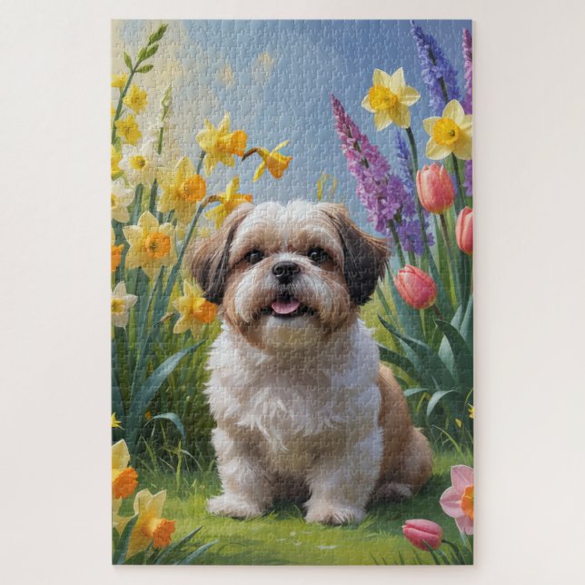 Shih Tzu Dog Spring Flowers Malerei Puzzle (Vertikal)