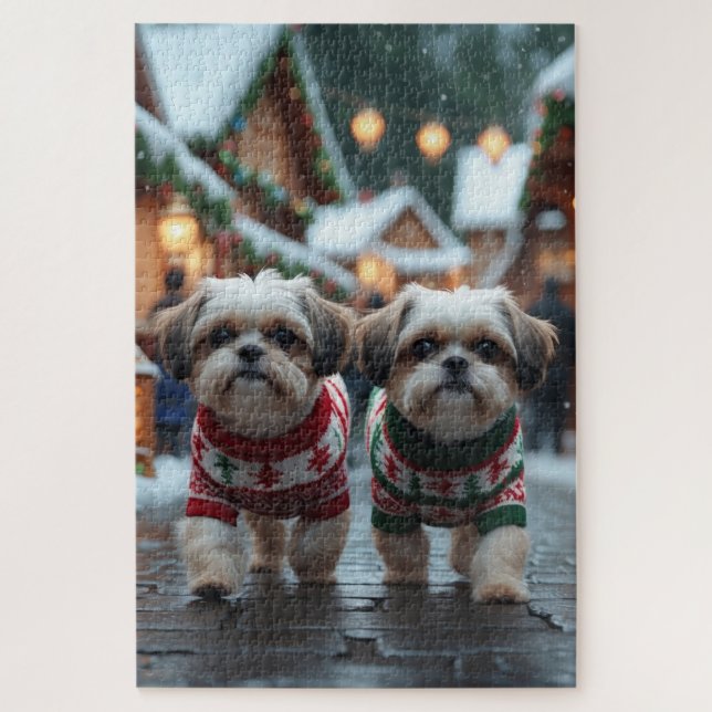 Shih Tzu Dogs Christmas Snow Holiday Puzzle (Vertikal)