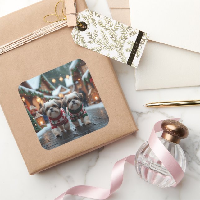 Shih Tzu Dogs Christmas Snow Holiday Quadratischer Aufkleber (Schenken)