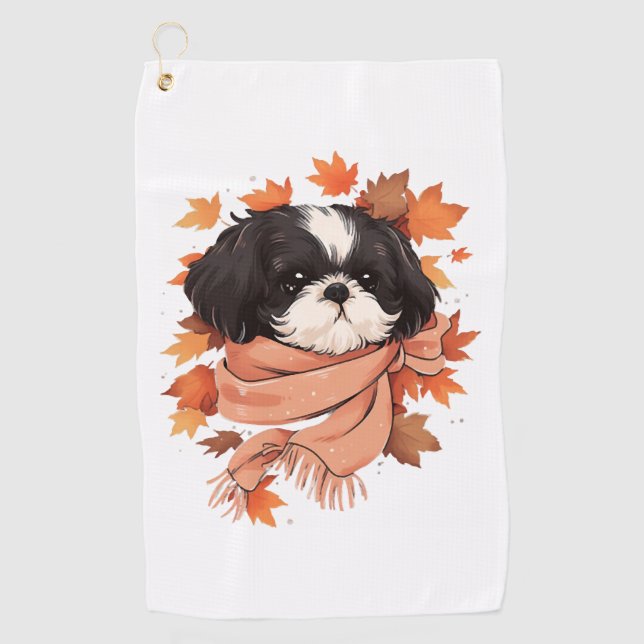 Shih Tzu Fall Dog Autumn Leaves Erntedank Copy Golfhandtuch (Vorderseite)