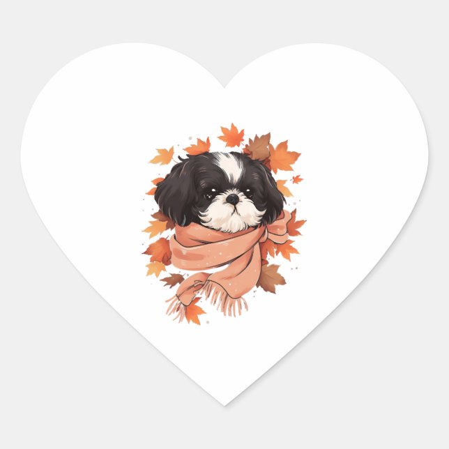 Shih Tzu Fall Dog Autumn Leaves Erntedank Copy Herz-Aufkleber (Vorderseite)
