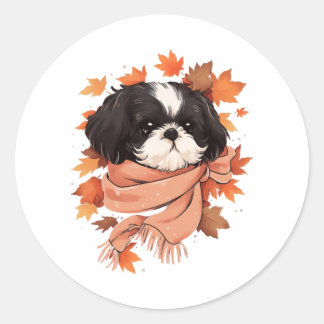 Shih Tzu Fall Dog Autumn Leaves Erntedank Copy Runder Aufkleber