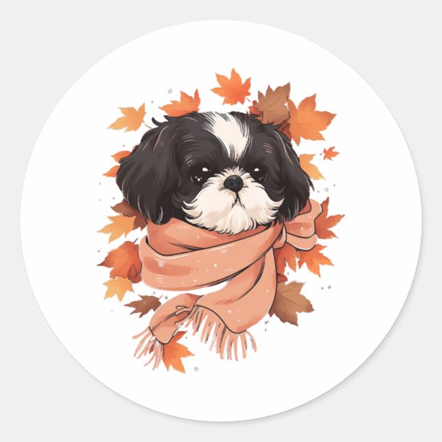 Shih Tzu Fall Dog Autumn Leaves Erntedank Copy Runder Aufkleber (Vorderseite)