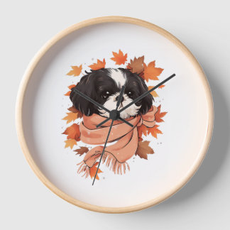 Shih Tzu Fall Dog Autumn Leaves Erntedank Copy Uhr