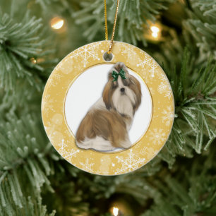 Shih Tzu Gold Snowflake Border Keramik Ornament