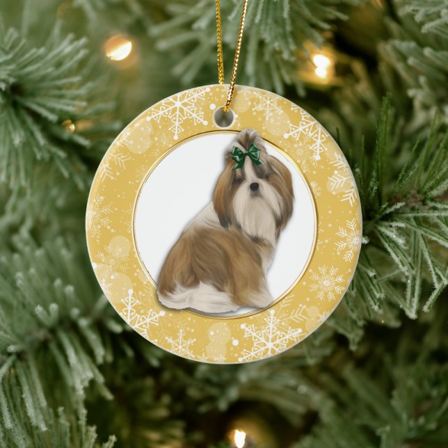 Shih Tzu Gold Snowflake Border Keramik Ornament (Baum)