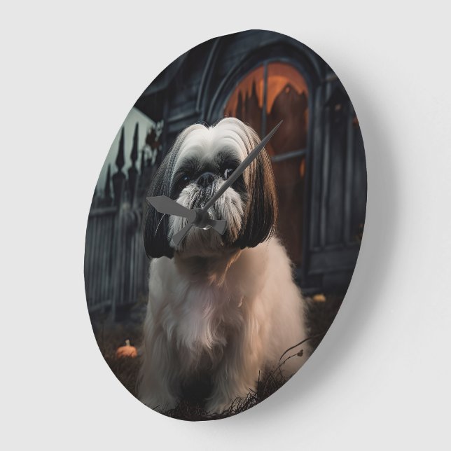 Shih Tzu Halloween Beängstigend Große Wanduhr (Winkel)