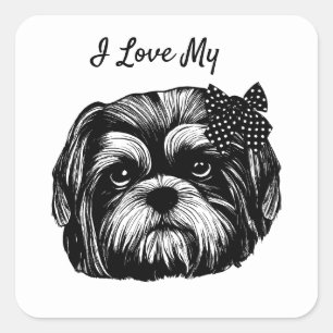 Shih Tzu Hund mit Polka dot bow Original Art Quadratischer Aufkleber