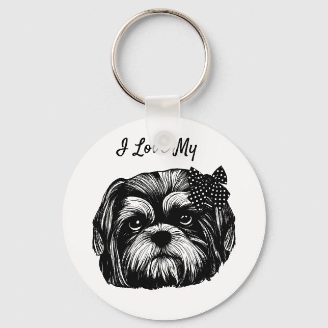 Shih Tzu Hund mit Polka dot bow Original Art Schlüsselanhänger (Vorderseite)