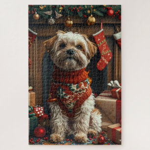 Shih Tzu Hund mit Weihnachtsgeschenken Feuerplatz Puzzle