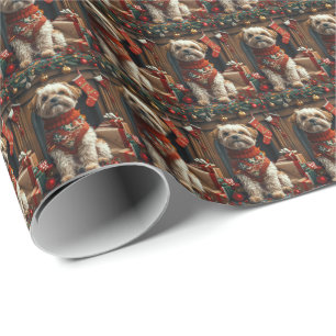 Shih Tzu Hund mit Weihnachtsgeschenken Kamin Geschenkpapier