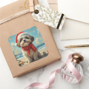 Shih Tzu Hund Weihnachten Vintage Strand Quadratischer Aufkleber
