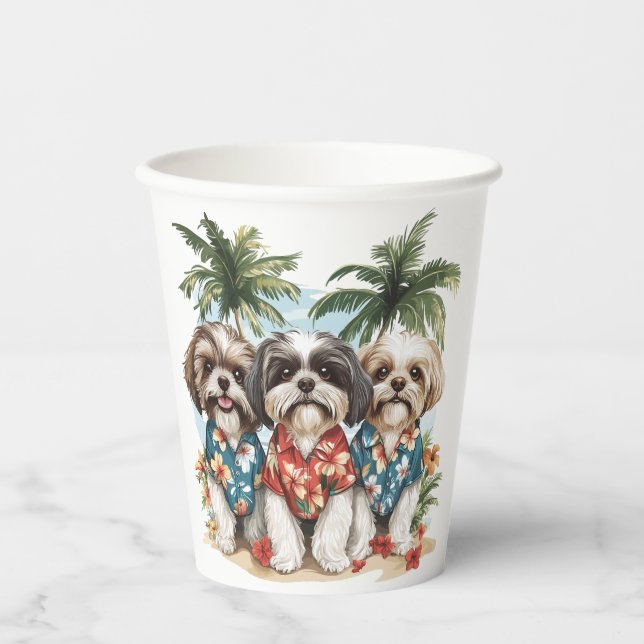 Shih Tzu Hunde tragen hawaiianische Shirts Pappbecher (Vorderseite)