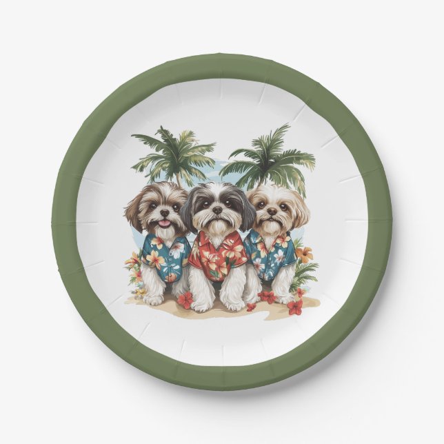 Shih Tzu Hunde tragen hawaiianische Shirts Pappteller (Vorderseite)