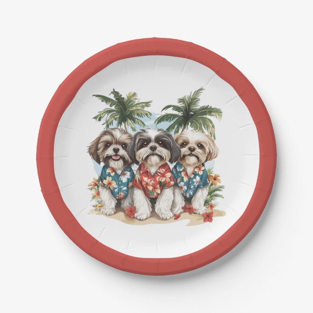 Shih Tzu Hunde tragen hawaiianische Shirts Pappteller (Vorderseite)