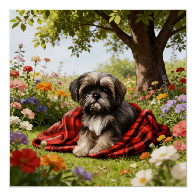 Shih Tzu im Garten Poster  ("Paws, petals, and pure happiness")