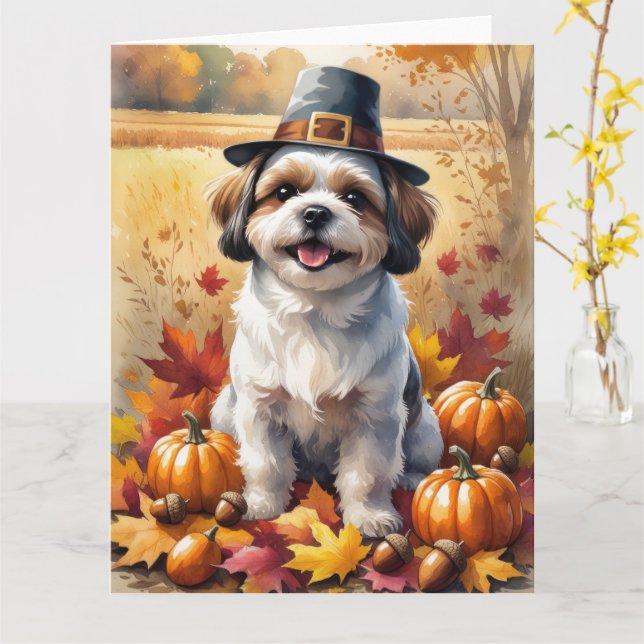 Shih Tzu im Herbst hinterlässt Erntedank Art Karte (Gelbe Blume)