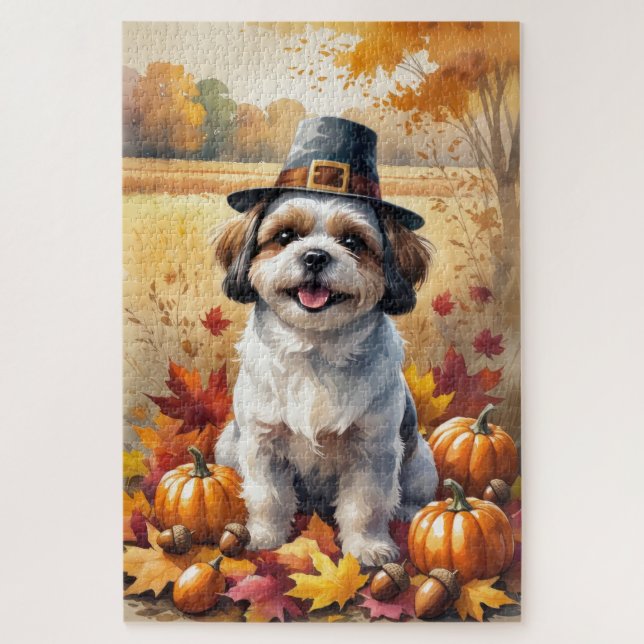 Shih Tzu im Herbst hinterlässt Erntedank Art Puzzle (Vertikal)