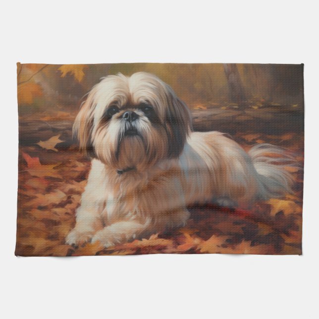 Shih Tzu im Herbst Leaves Fall Inspiriert Geschirrtuch (Horizontal)