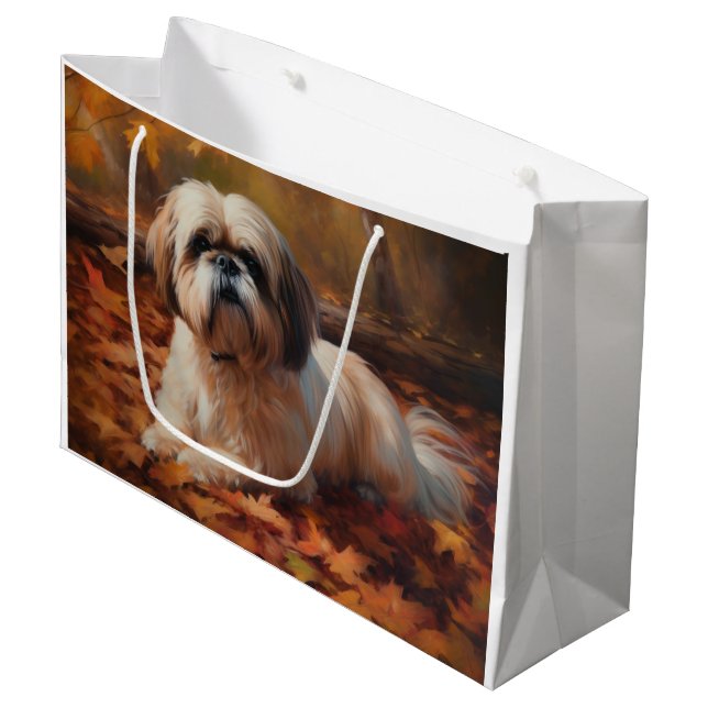 Shih Tzu im Herbst Leaves Fall Inspiriert Große Geschenktüte (Vorderseite Schrägansicht)