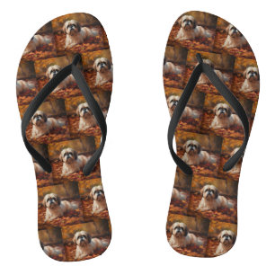 Shih Tzu im Herbstlaubfall inspiriert Flip Flops