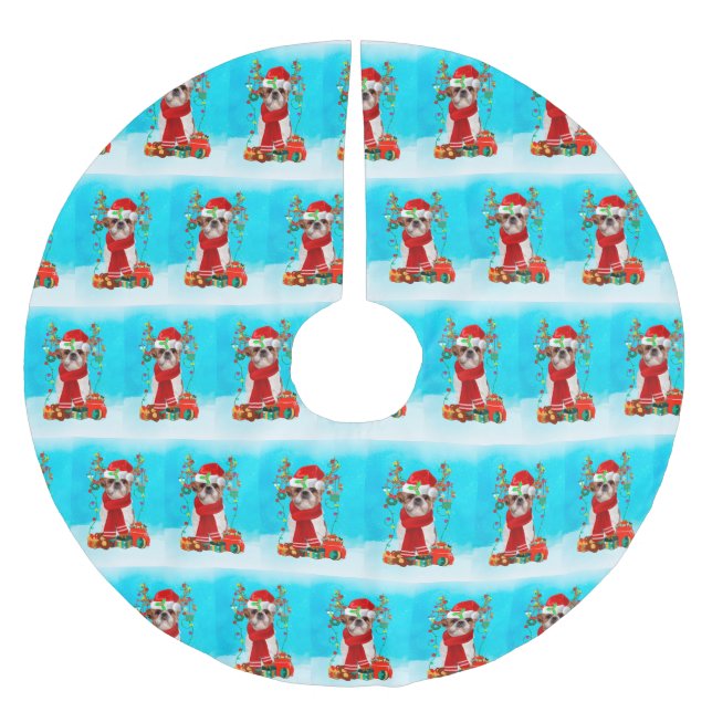 Shih Tzu im Schnee mit Weihnachtsgeschenken Polyester Weihnachtsbaumdecke (Vorderseite)