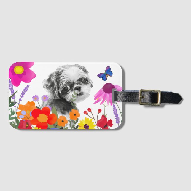Shih Tzu in Blume Gepäckmarke Gepäckanhänger (Vorderseite (Horizontal))