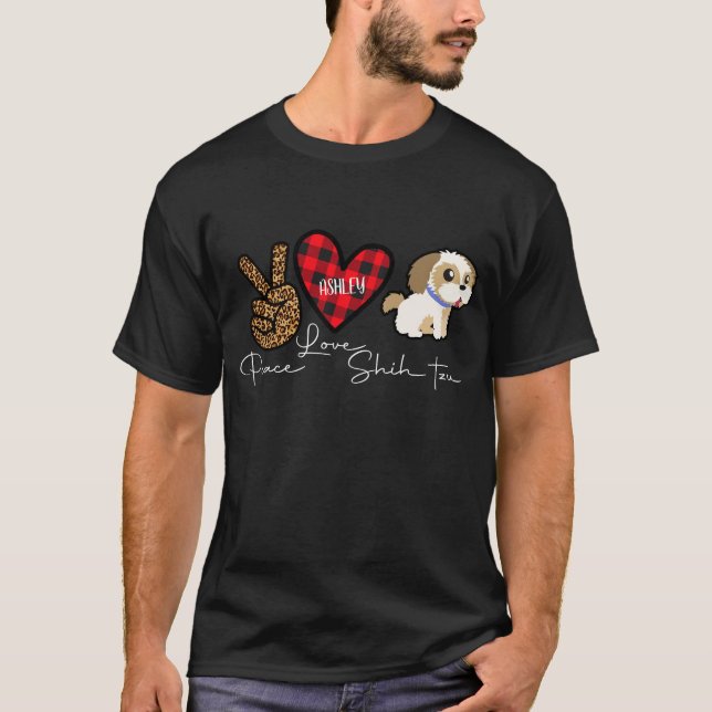 Shih tzu Kariert Peace Liebe Niedlich Dog T-Shirt (Vorderseite)