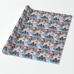 Shih Tzu läuft im Schnee mit Weihnachtsmütze Geschenkpapier