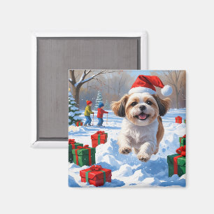 Shih Tzu läuft im Schnee mit Weihnachtsmütze Magnet
