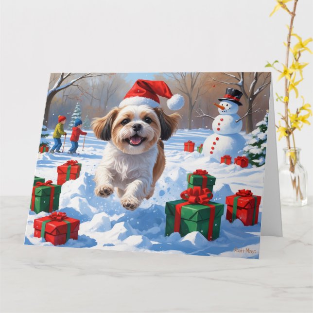 Shih Tzu läuft in Snow mit Weihnachtshut Karte (Gelbe Blume)
