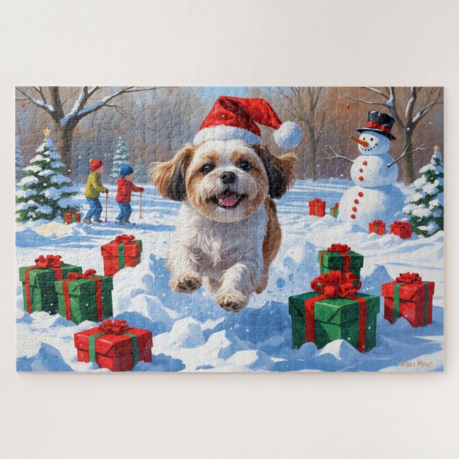 Shih Tzu läuft in Snow mit Weihnachtshut Puzzle (Horizontal)