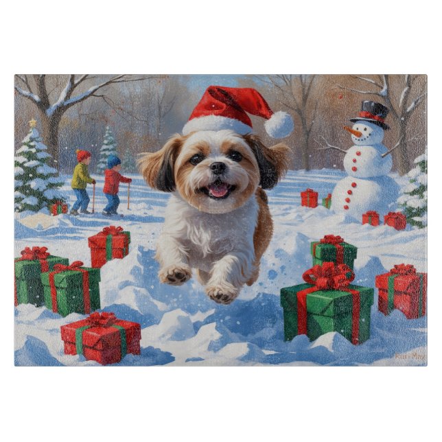 Shih Tzu läuft in Snow mit Weihnachtshut Schneidebrett (Vorderseite)